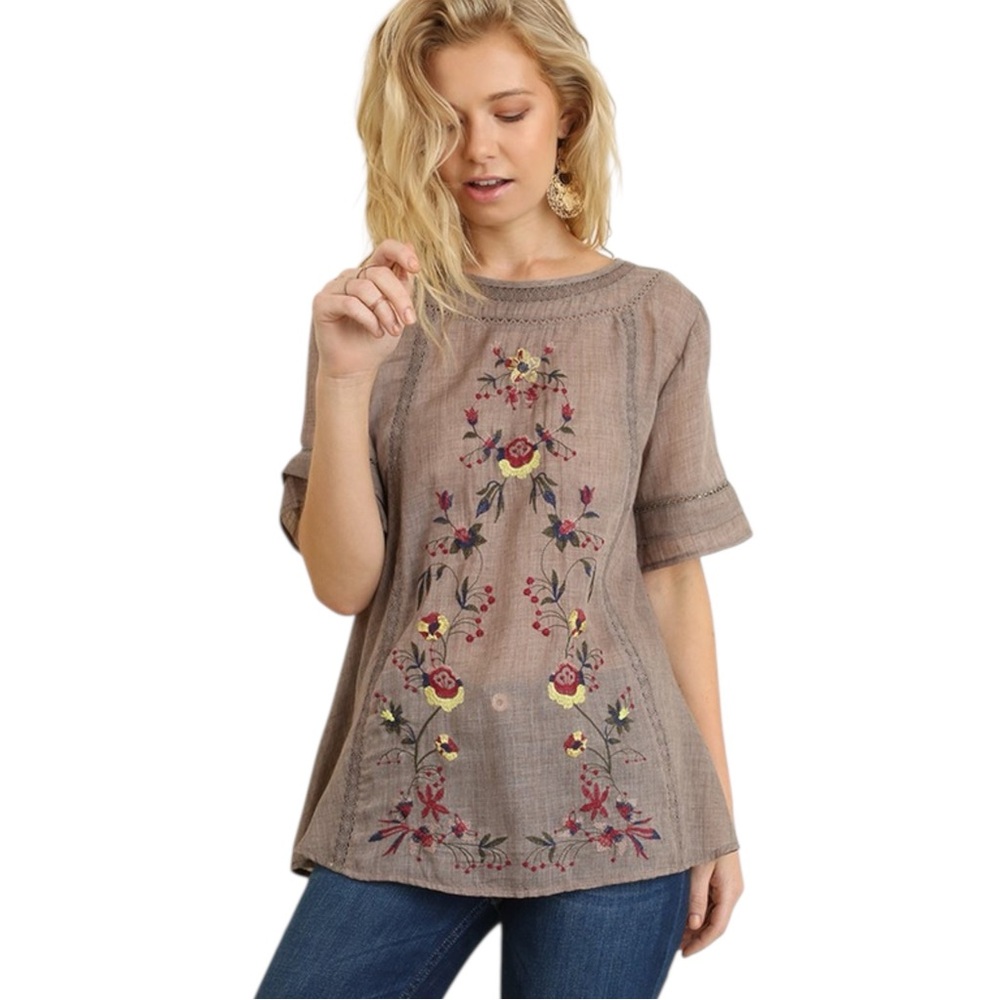 Umgee Boho Floral Embroidered Mocha Blouse‎ Size Small